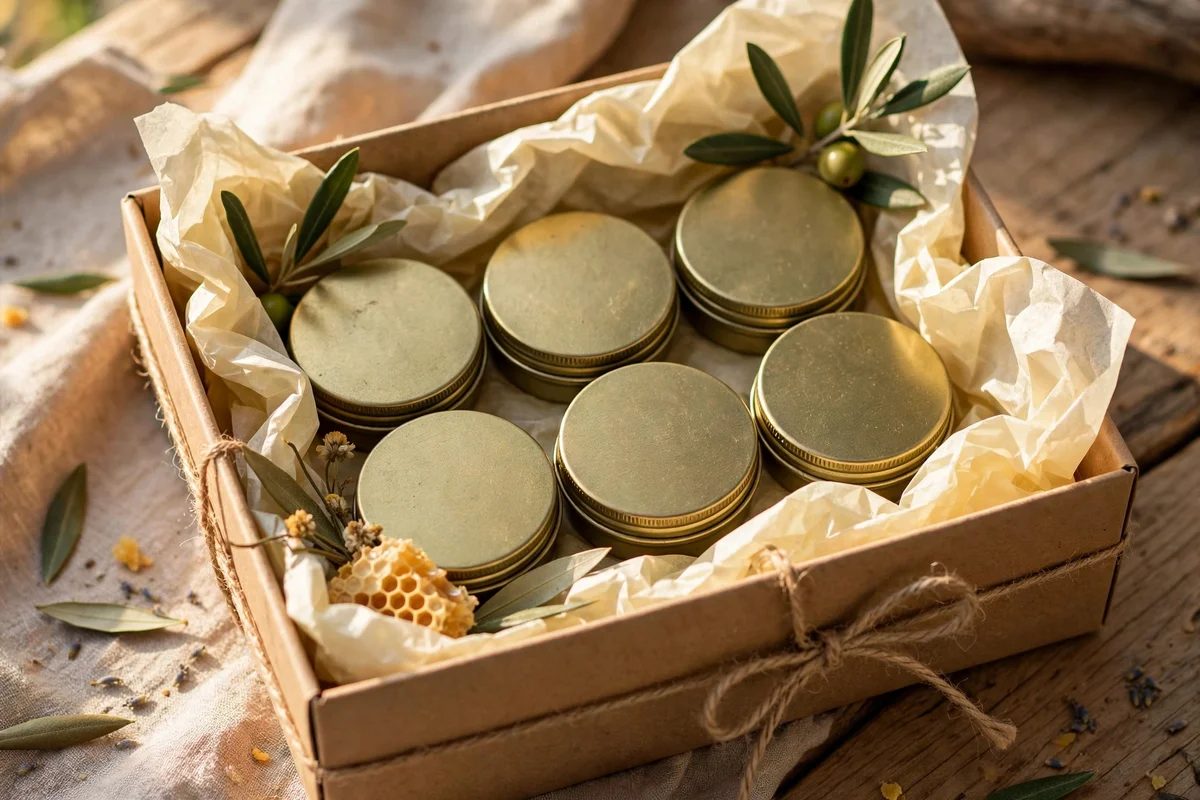 Honey olive oil lip balm tins in a kraft gift box with string