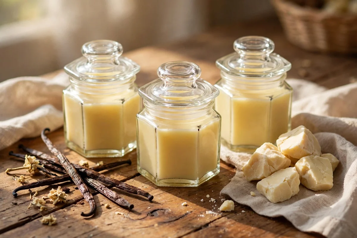 Vanilla cocoa butter lip balm in hexagon jars on a dressing table