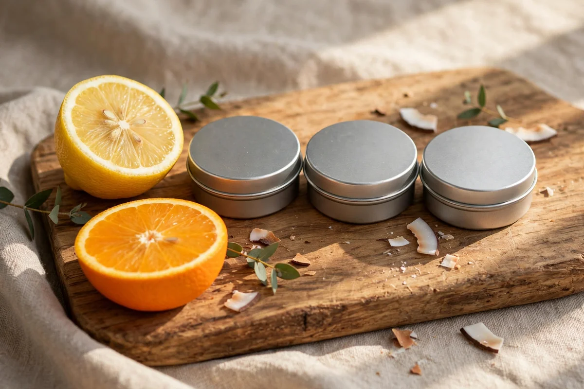 Trio of citrus lip balm tins with lemon and orange zest nearby