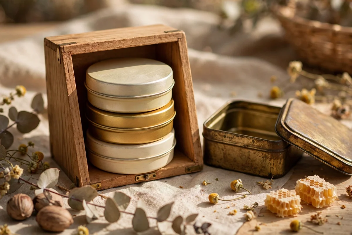 Pocket tin refill set of shea butter honey lip balm in a small box
