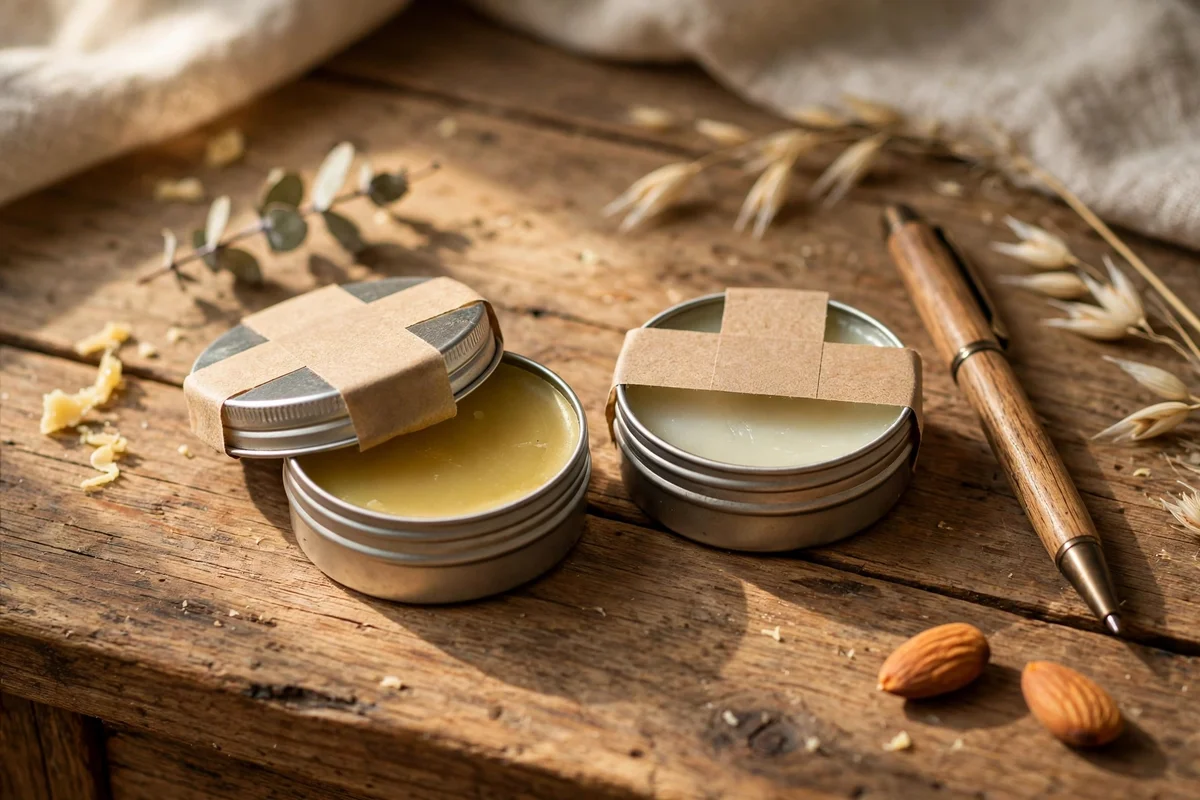 Handwritten labelled beeswax lip balm tins with a pen and kraft stickers