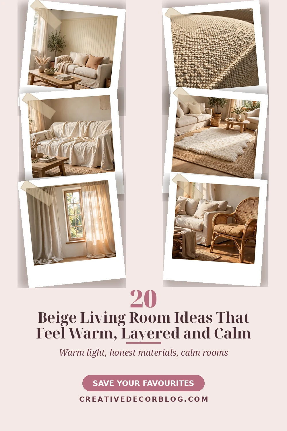 Pinterest pin for 20 Beige Living Room Ideas That Feel Warm, Layered and Calm