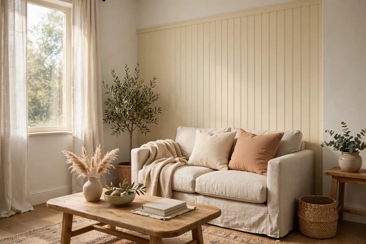 A living room feature wall in warm cream paint with pale surrounding walls and sunlight