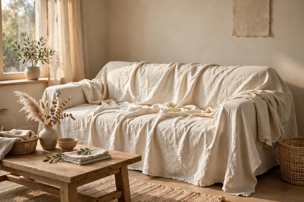 A cream linen slipcover draped over a sofa in a calm beige living room