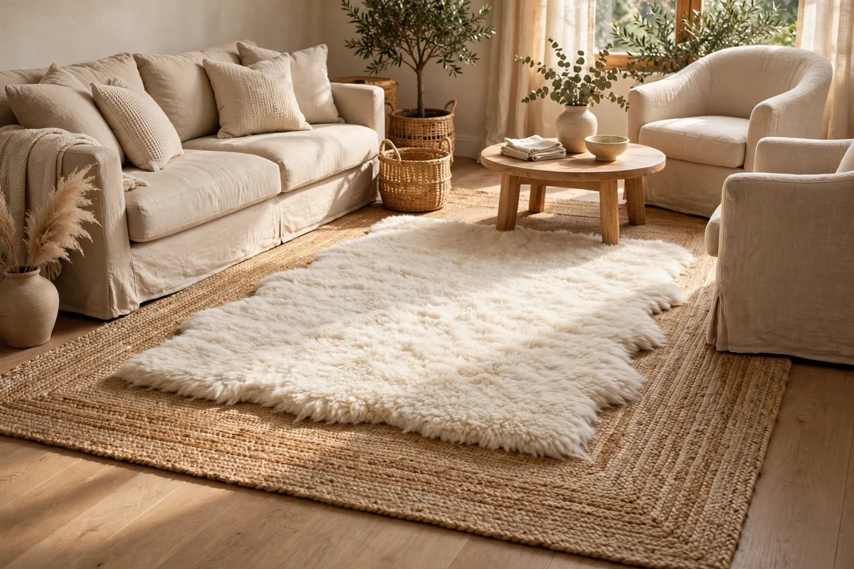 A wool rug layered over a larger natural fibre jute rug in a beige room