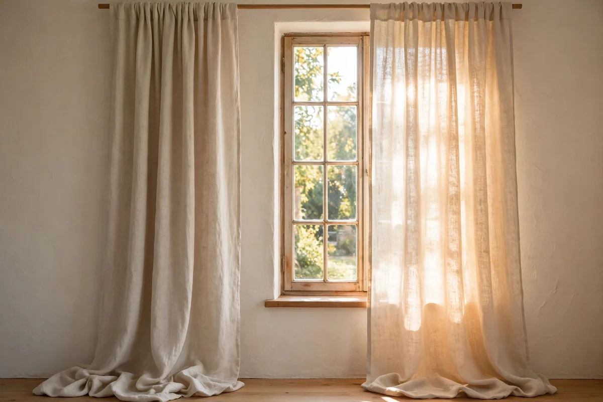 Floor-length pale oat linen curtains filtering warm daylight in a beige living room