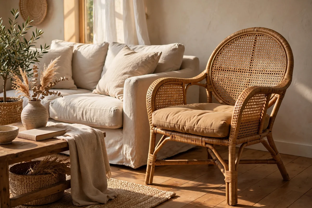 A rattan accent chair with a camel cushion angled beside a beige sofa