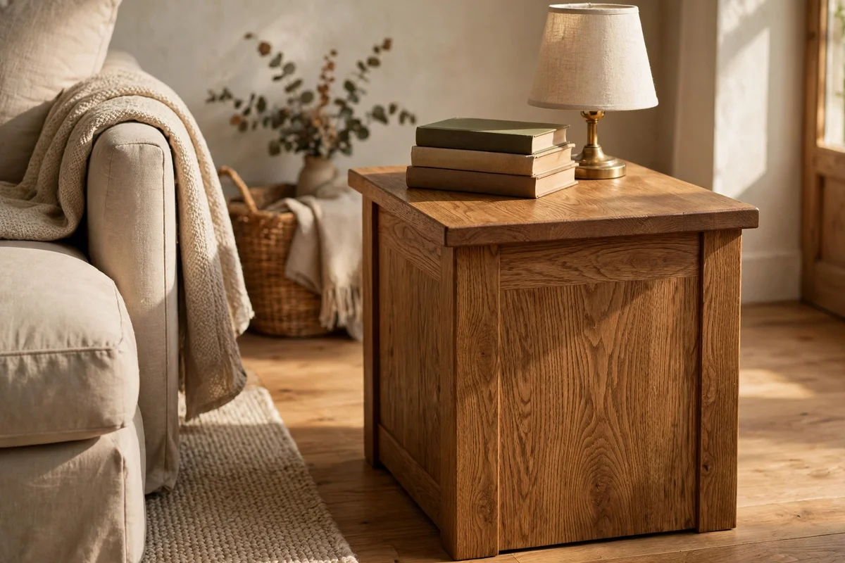A solid oak side table beside a beige sofa holding a lamp and books
