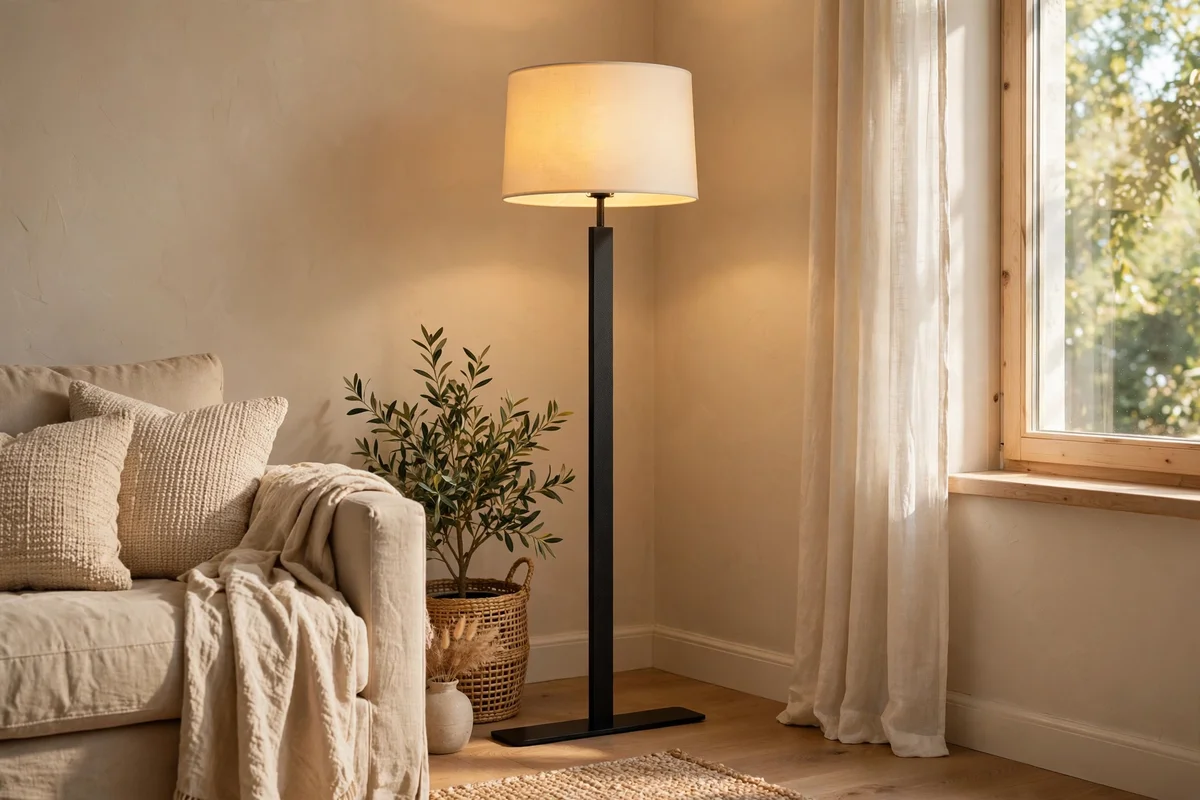A slim black floor lamp glowing warmly in the corner of a beige living room