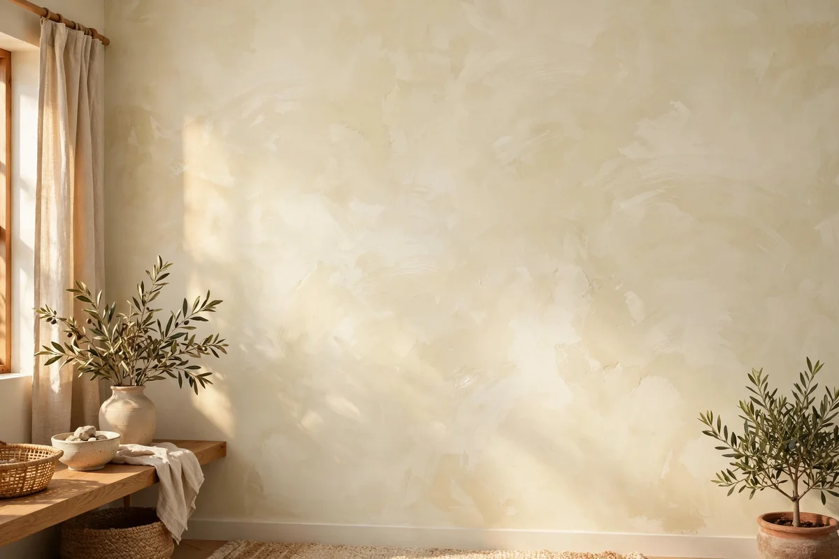 A living room wall with a soft cloudy limewash effect in pale cream