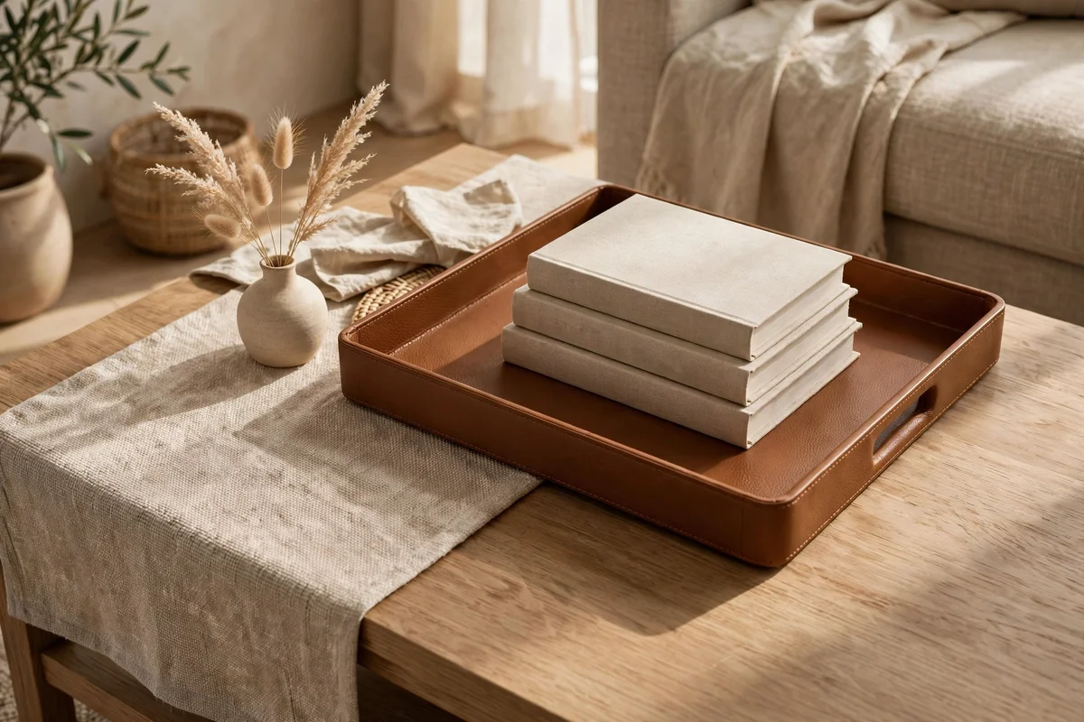 A coffee table styled with a camel tray and beige books in a calm living room