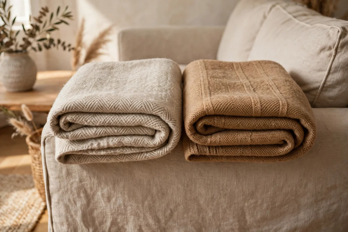 Oatmeal and camel wool throws folded over the arm of a beige sofa
