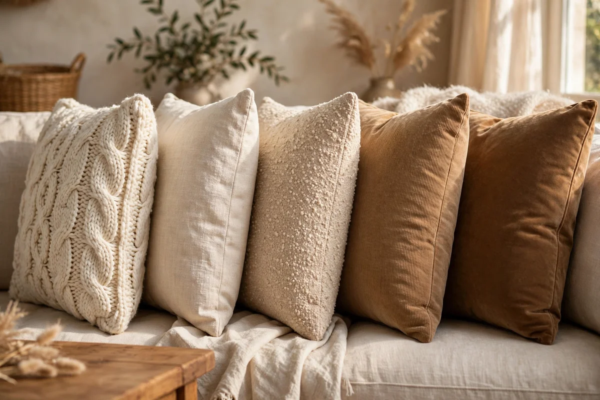 Beige sofa cushions arranged in four tones from cream to camel