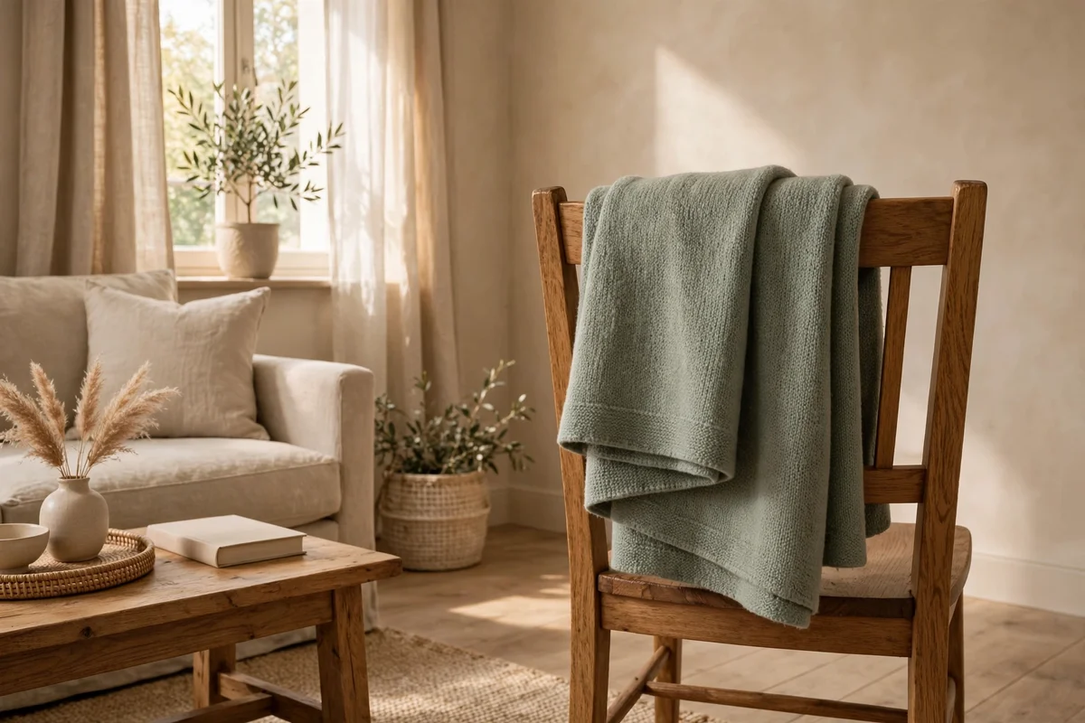 A muted sage throw folded over a chair in an otherwise beige living room