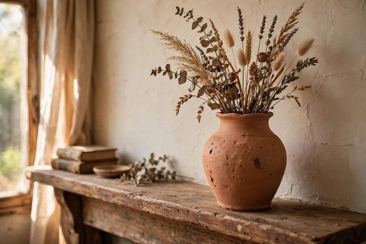 A single fired-clay vase on a mantel in a beige living room