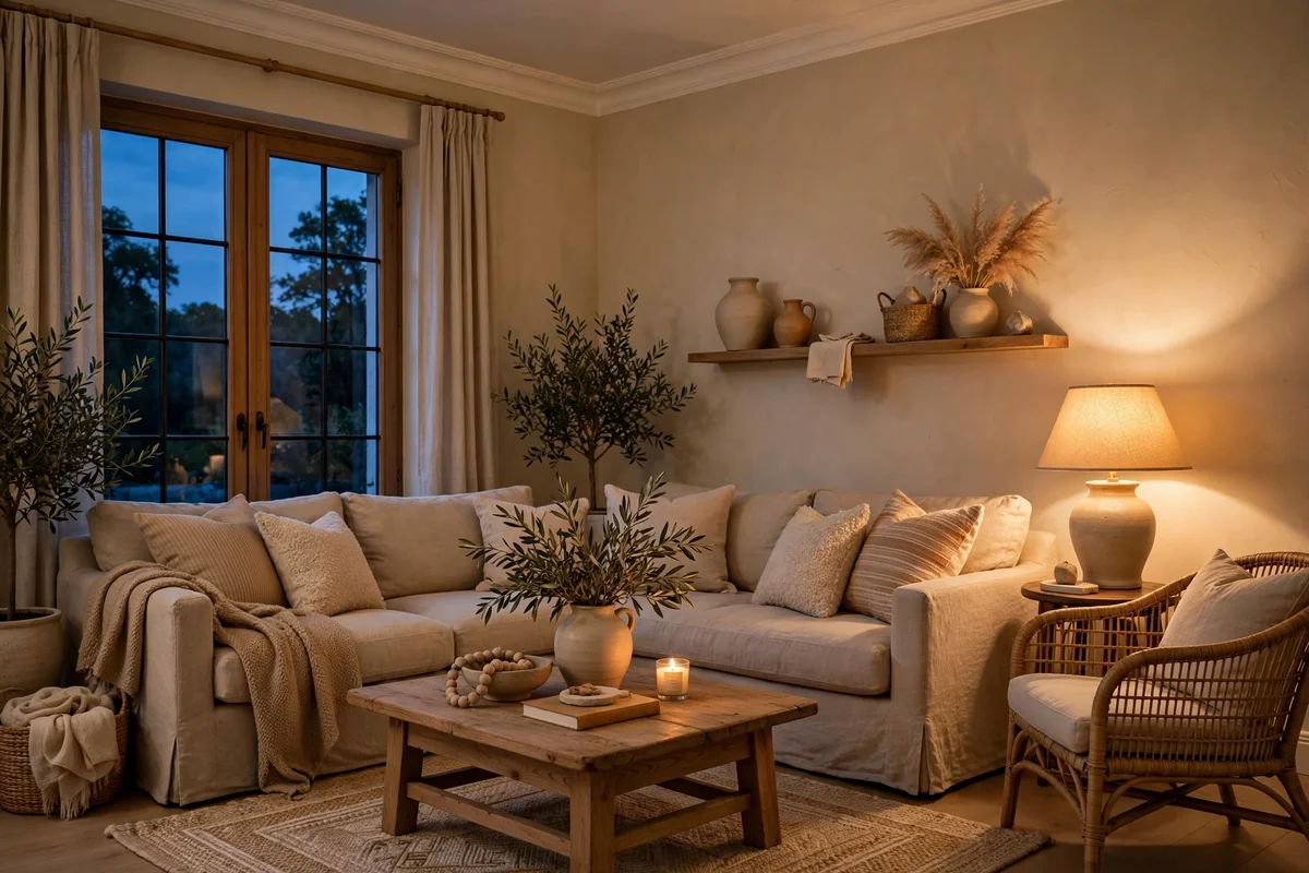 A beige living room glowing with warm 2700K lamplight in the evening