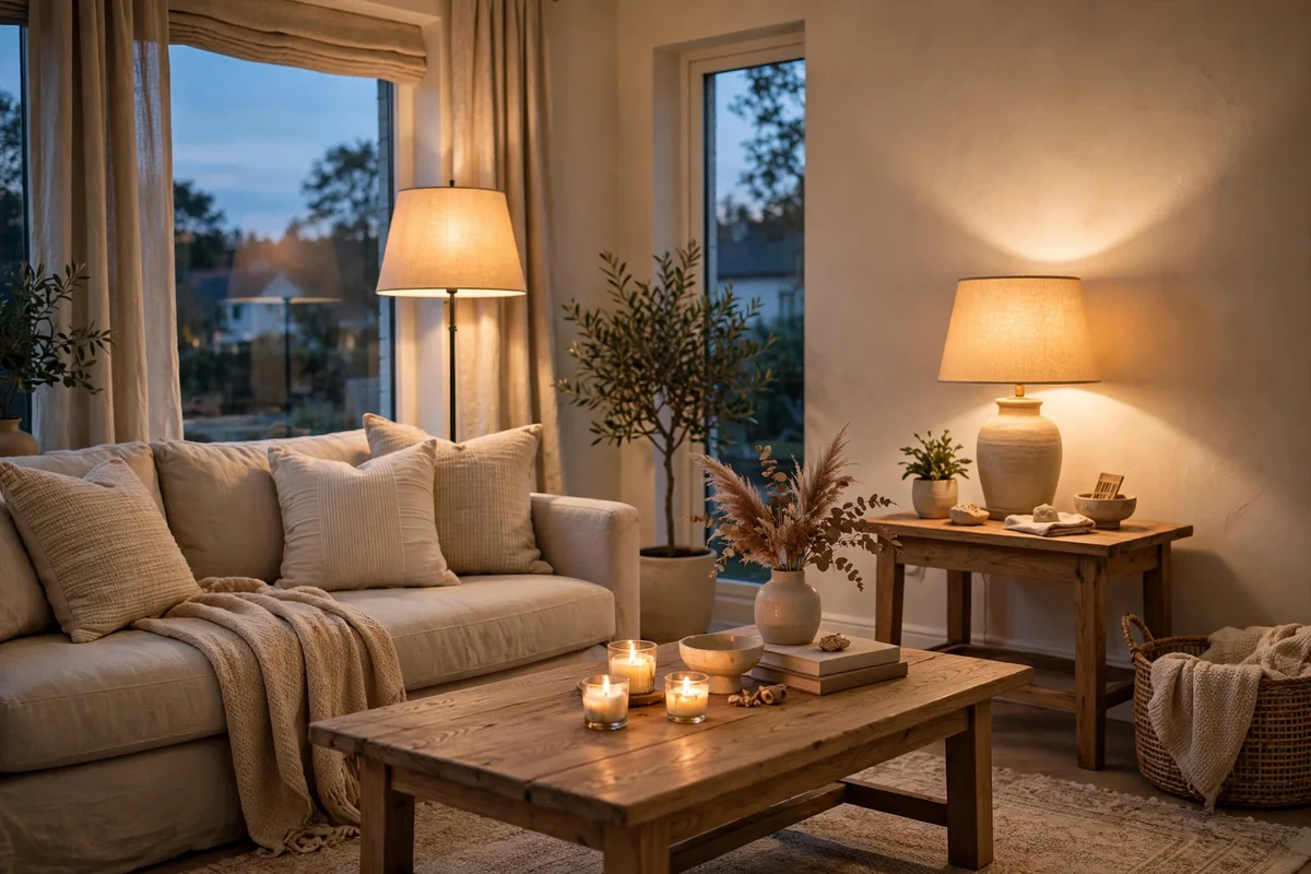 A beige living room at dusk lit by a table lamp, floor lamp and candles
