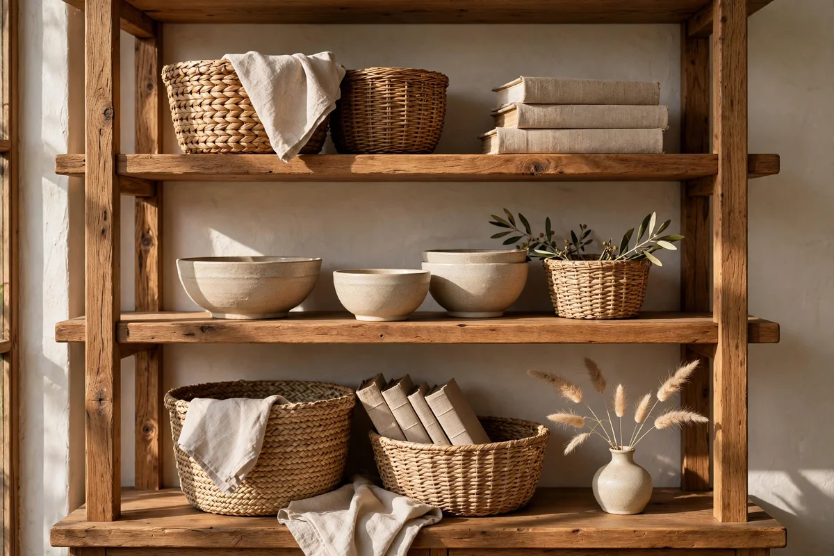Open shelves styled with oatmeal ceramics and woven baskets in beige tones