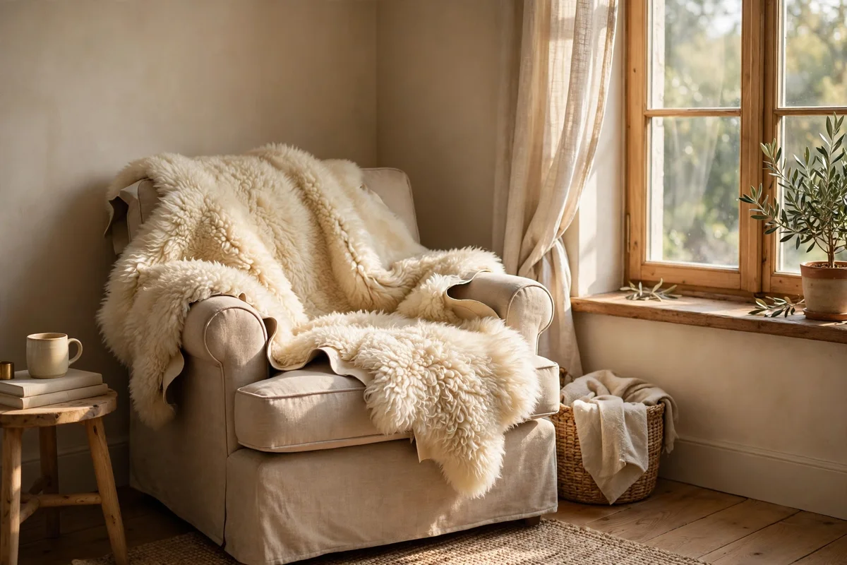 A sheepskin draped over a reading chair in a warm beige corner