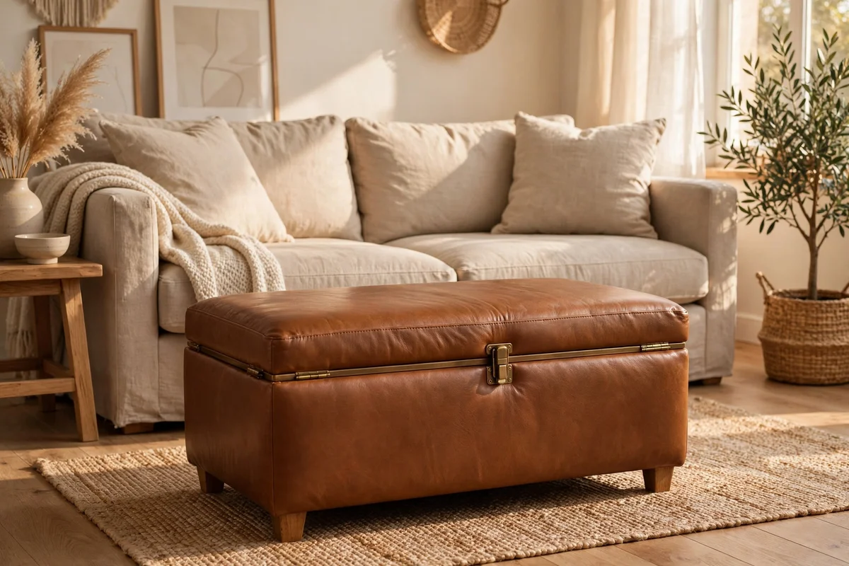 A camel storage ottoman in front of a beige sofa in a calm living room