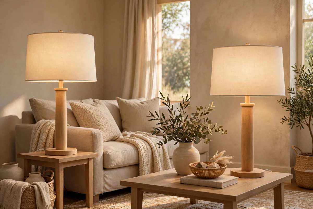Matching warm ivory lamp shades glowing on lamps in a beige living room