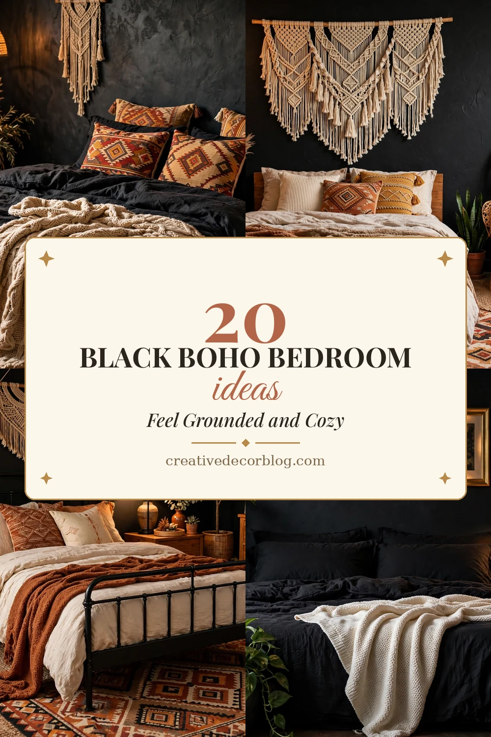 20 black boho bedroom ideas Pinterest pin collage
