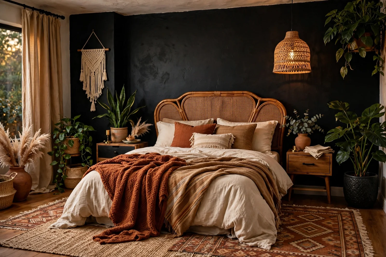 Black boho bedroom with accent wall, rattan furniture and layered warm textiles