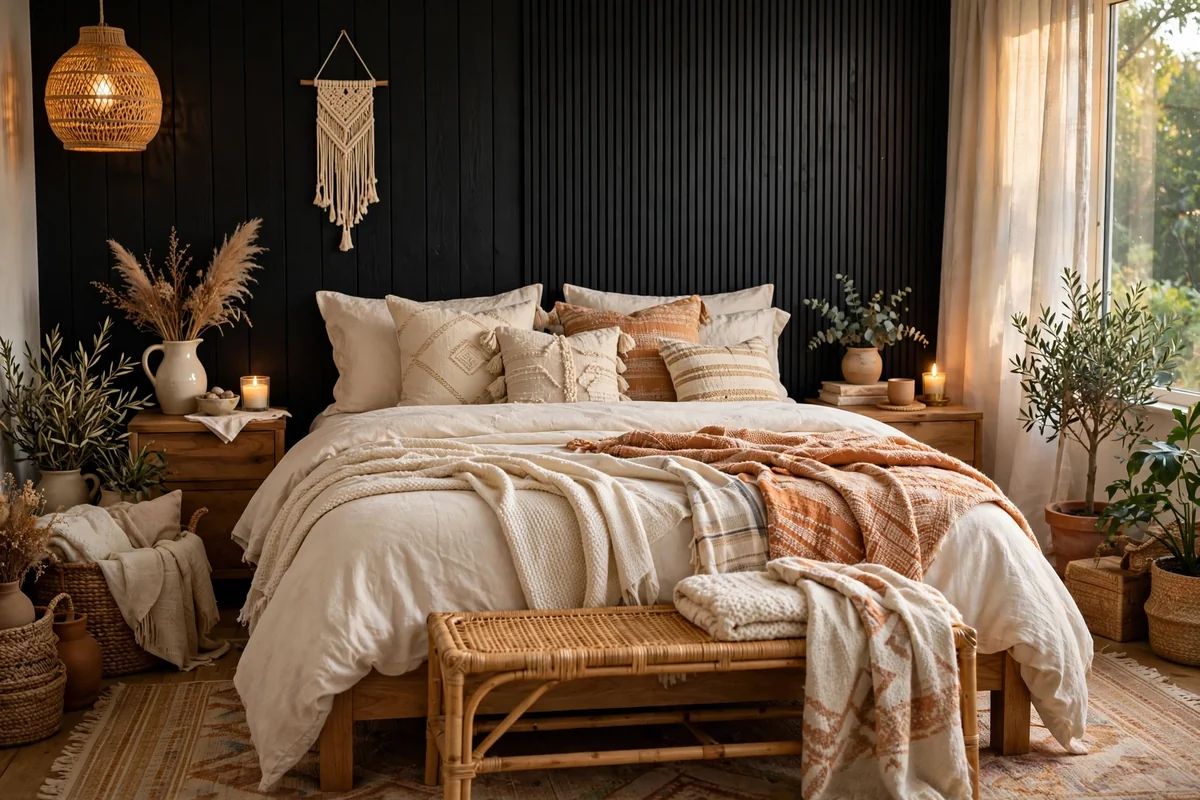 Black accent wall with warm layers in boho bedroom