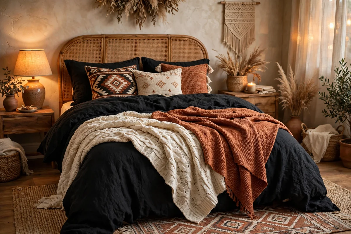 Black bedding anchoring boho bedroom
