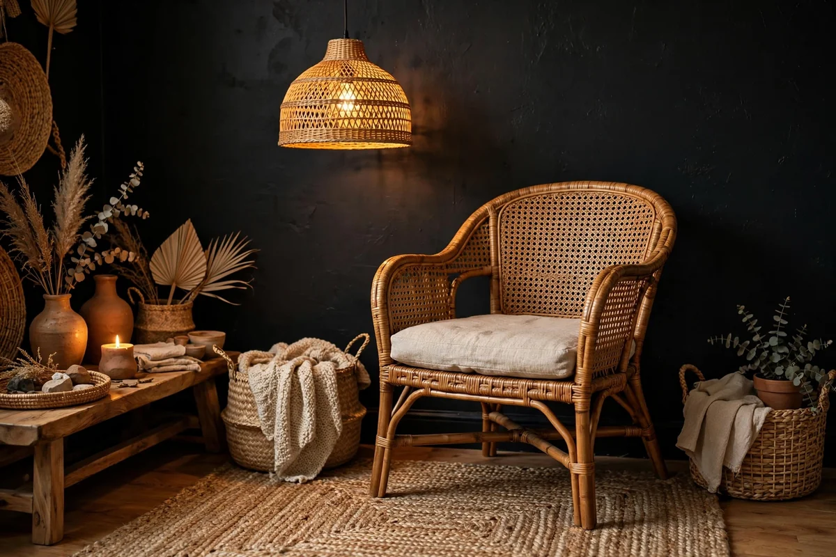 Woven textures against black in boho bedroom