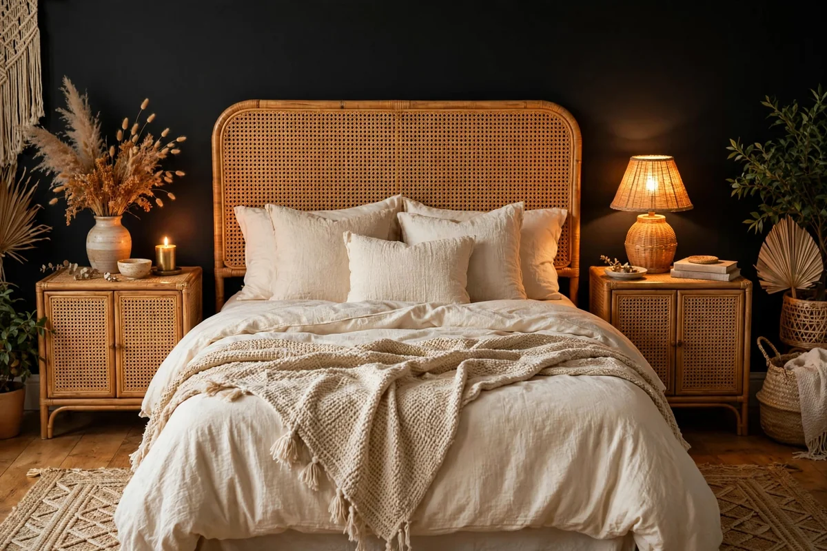 Rattan furniture in black boho bedroom