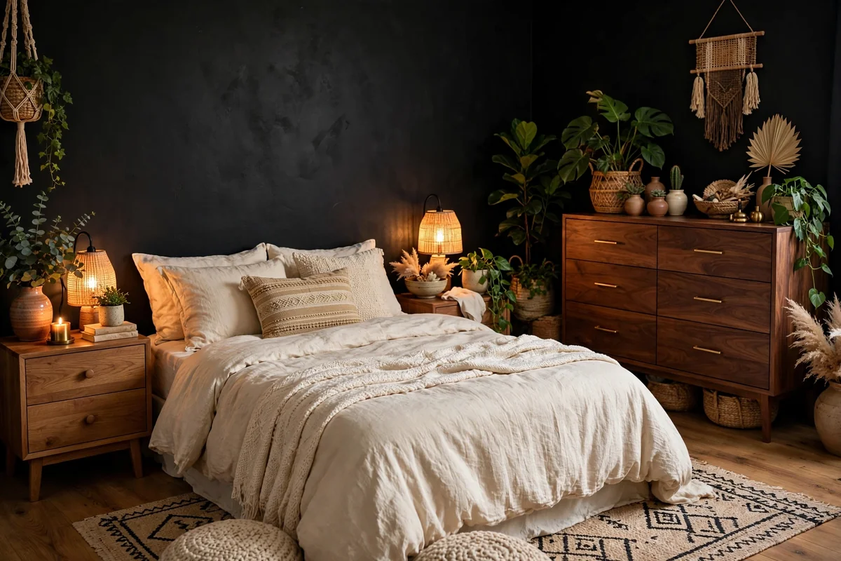 Warm wood tones in black boho bedroom
