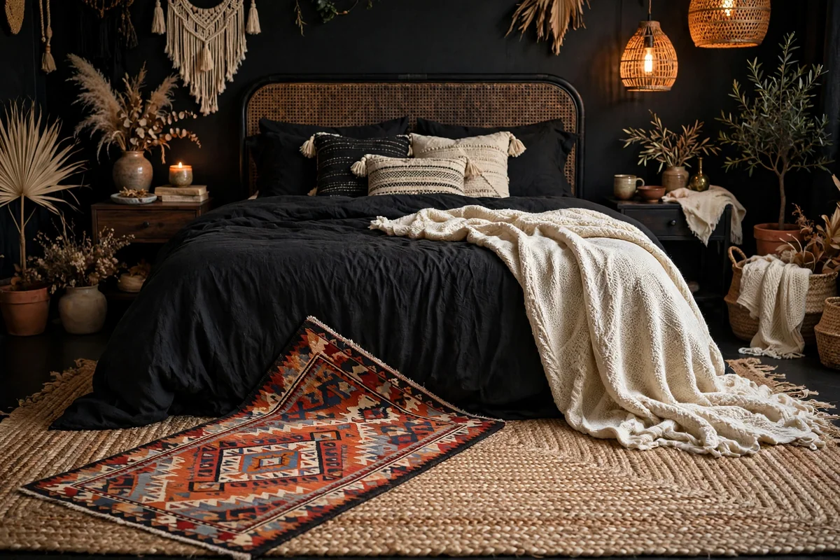 Layered rugs in black boho bedroom
