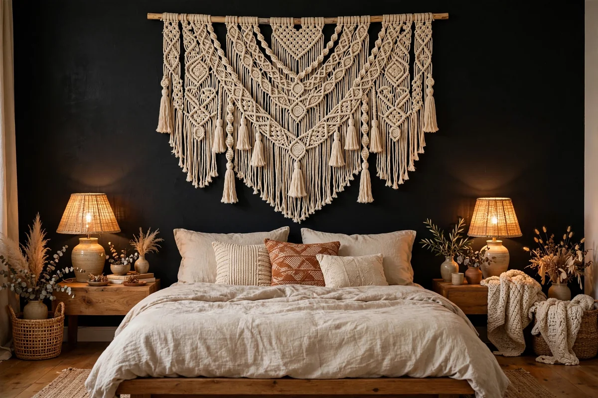Macrame wall hanging in black boho bedroom