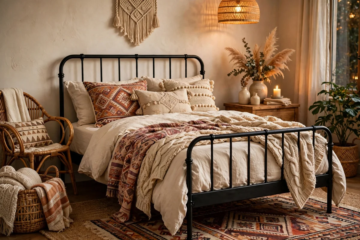 Black metal bed frame in boho bedroom