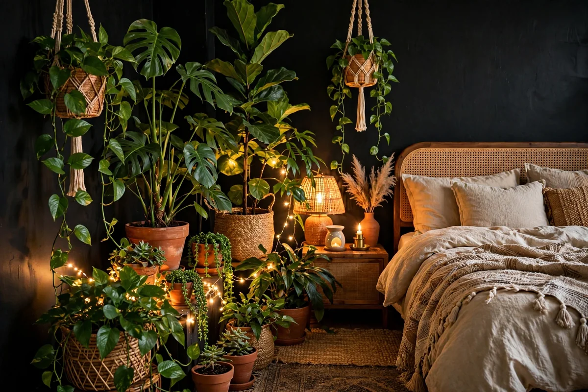 Plants against dark walls in boho bedroom
