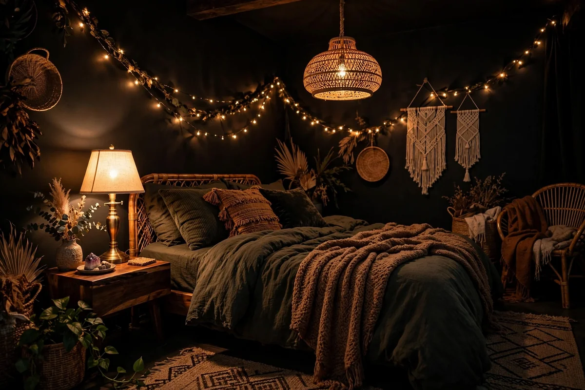 Warm layered lighting in black boho bedroom