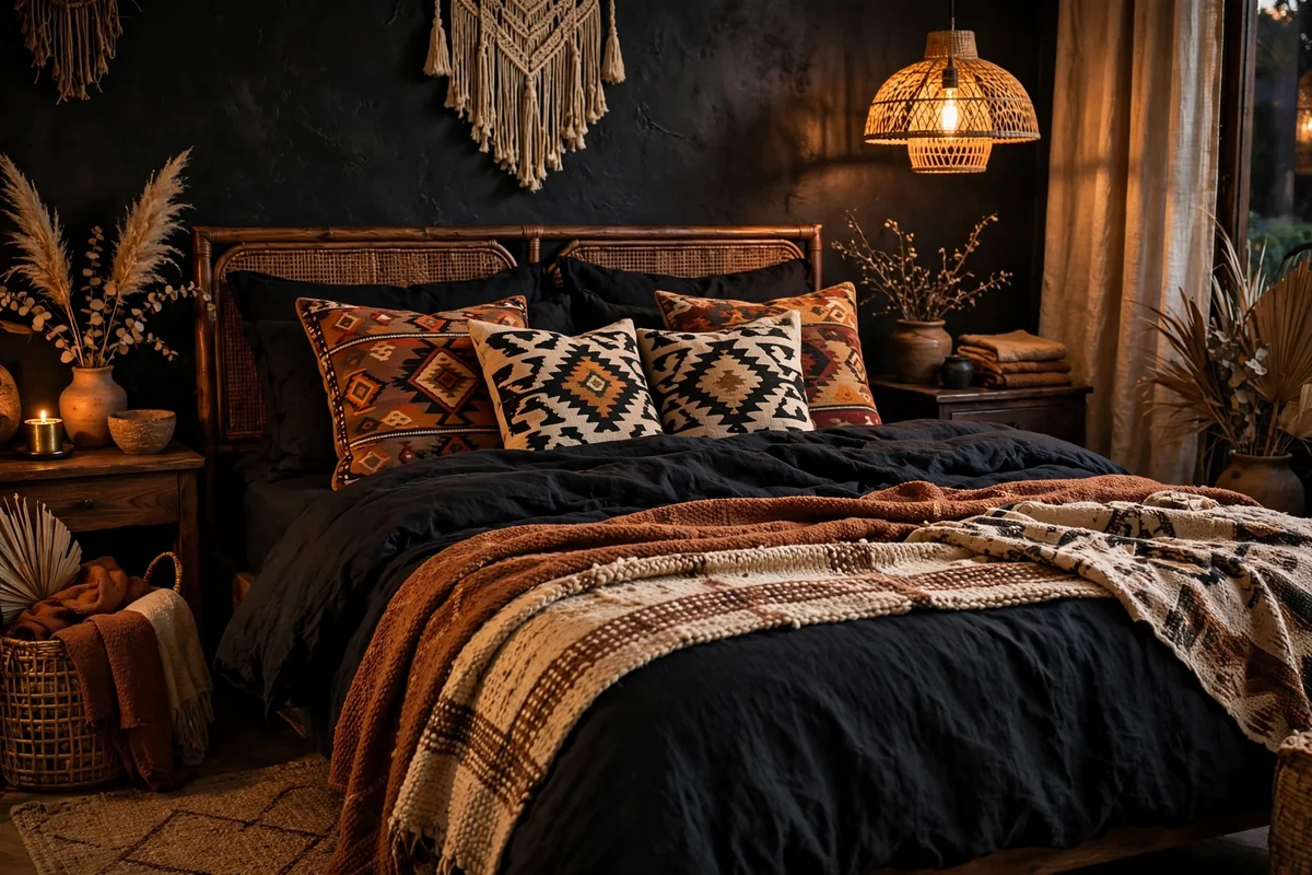 Patterned throw pillows in black boho bedroom