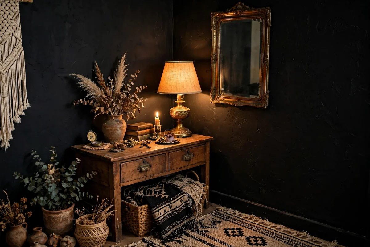 Vintage decor in black boho bedroom