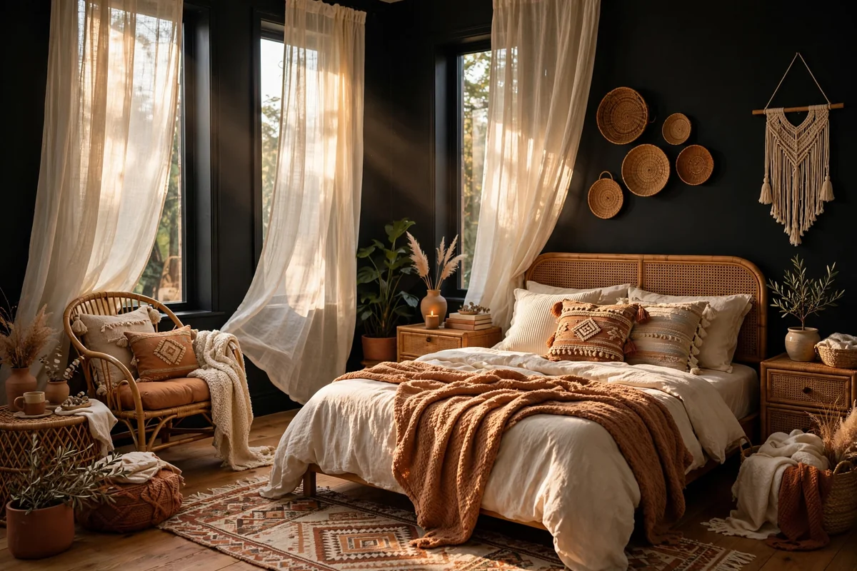 Natural fiber curtains in black boho bedroom