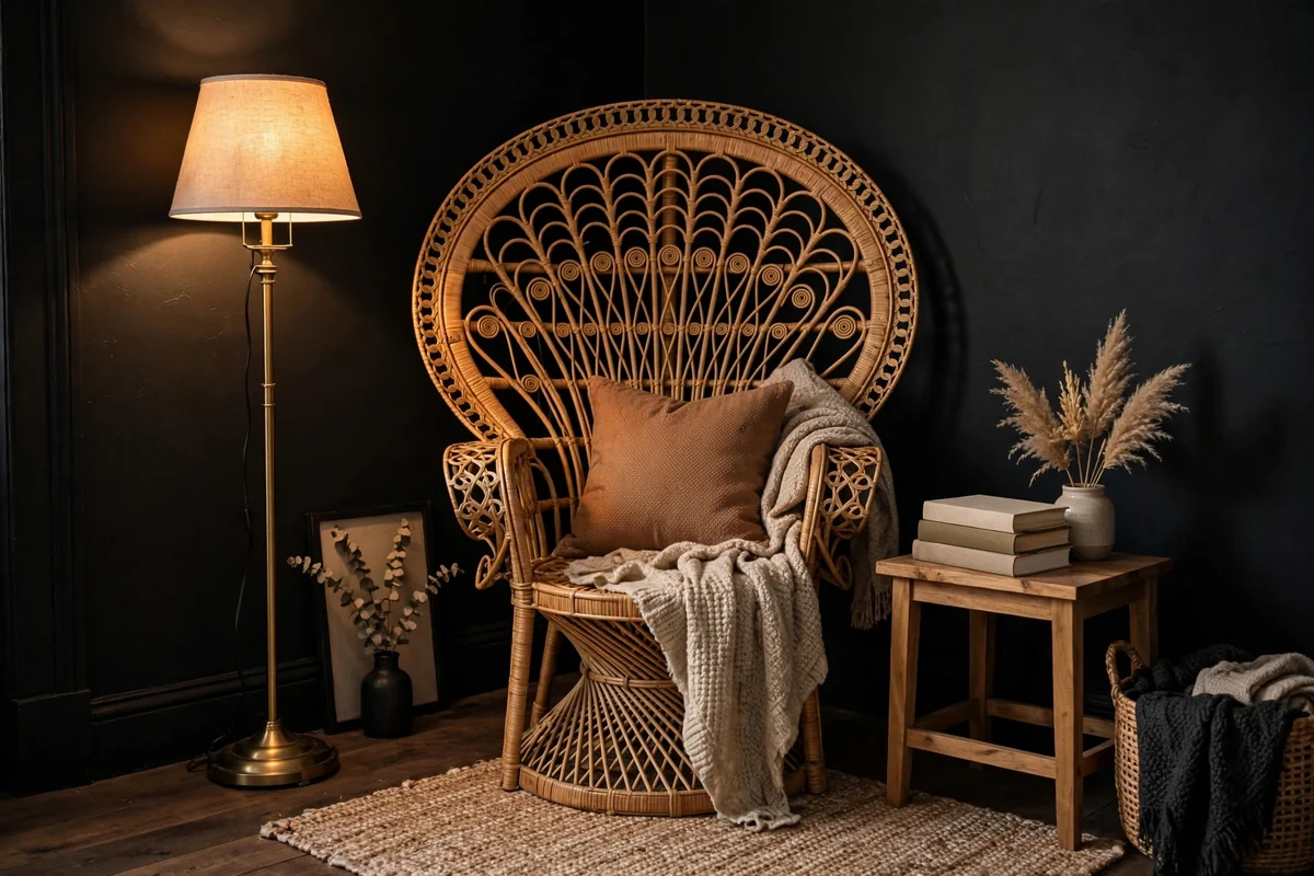 Cozy reading nook in black boho bedroom