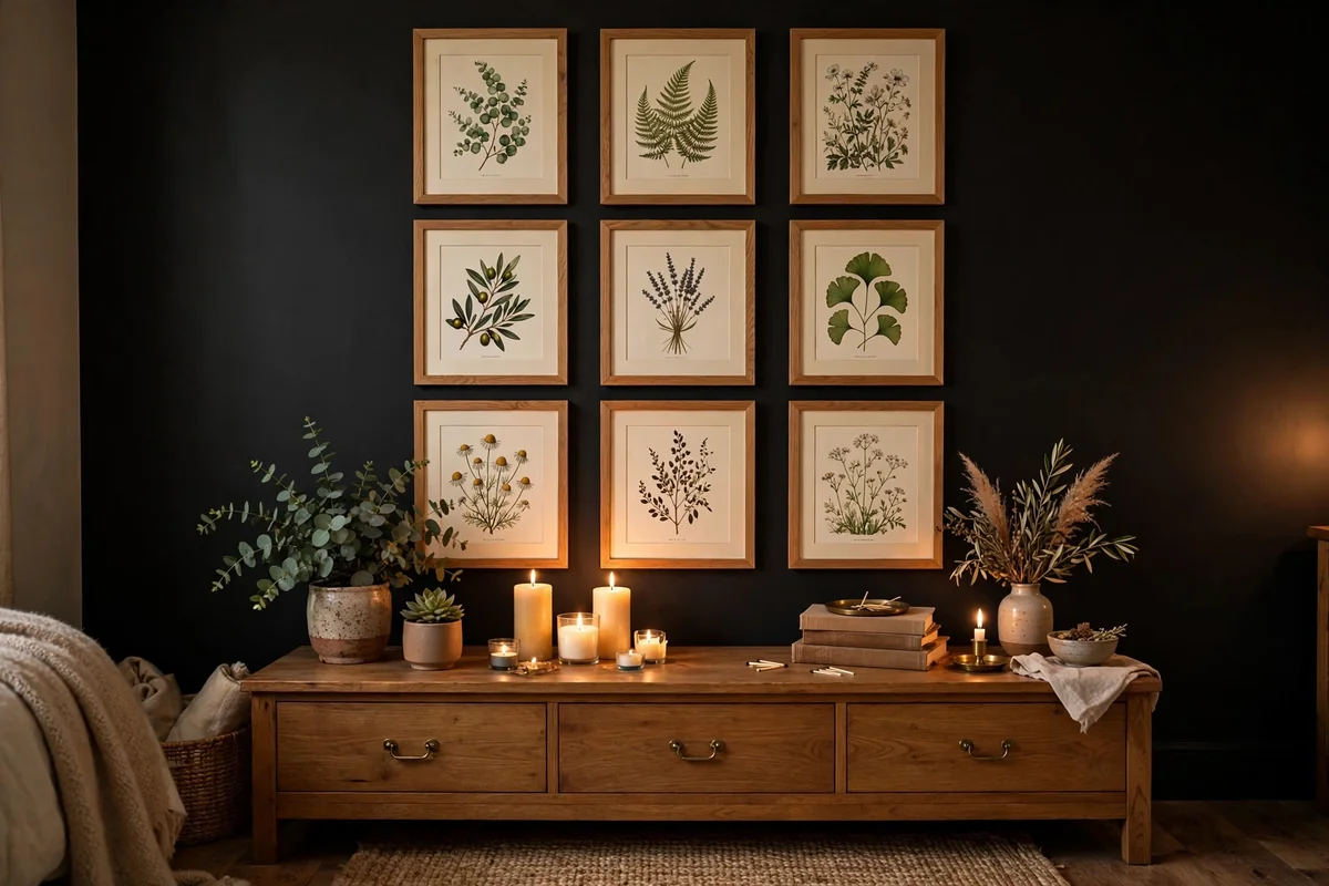 Gallery wall in black boho bedroom