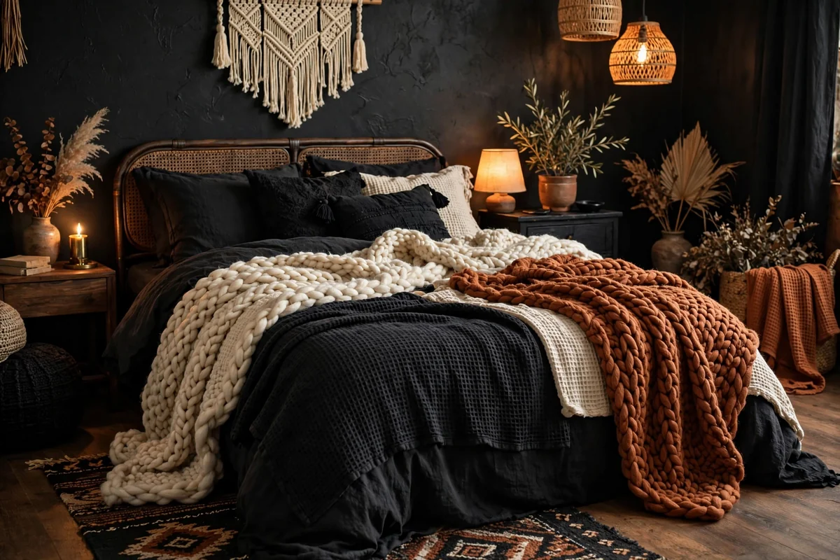 Textured throw blankets in black boho bedroom