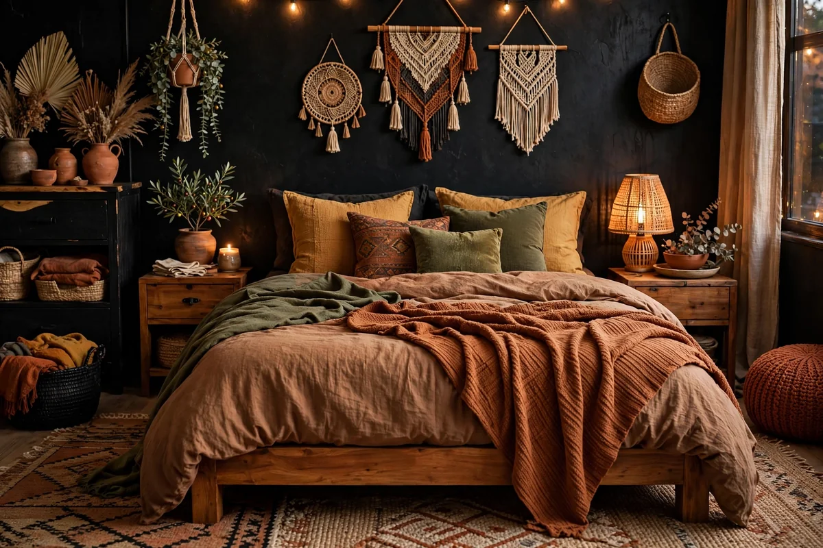 Earthy color palette in black boho bedroom