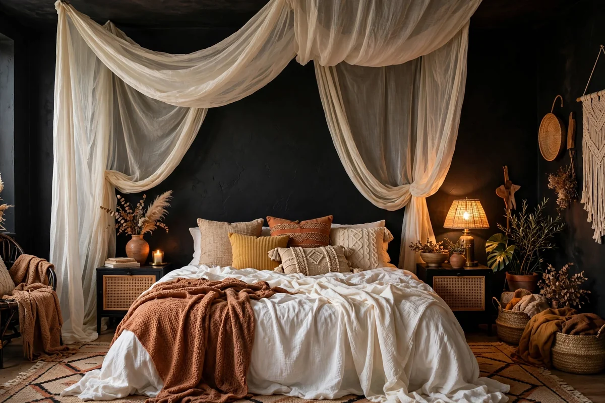 Draped fabric canopy in black boho bedroom