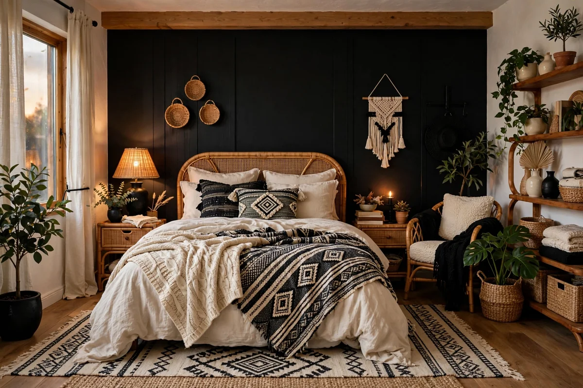 Balanced black accents in boho bedroom