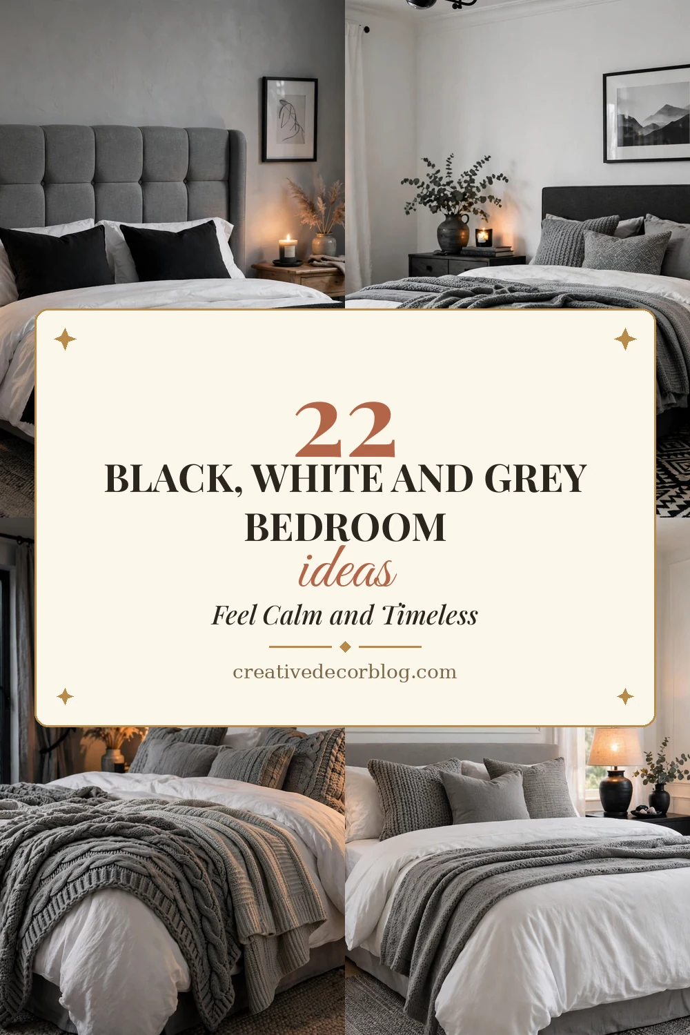 22 black, white and grey bedroom ideas Pinterest pin collage
