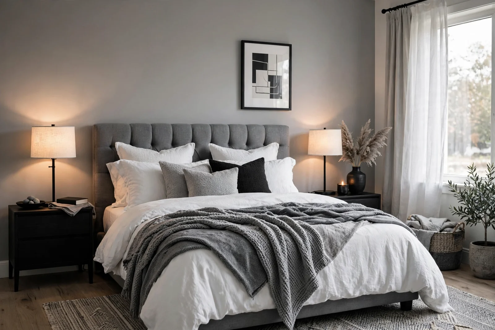 Black, white and grey bedroom with layered textiles and balanced monochrome palette