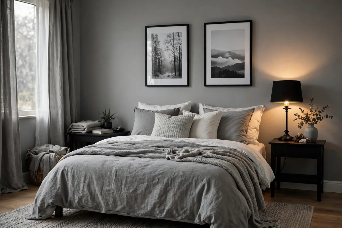 Soft grey bedroom base with black accents