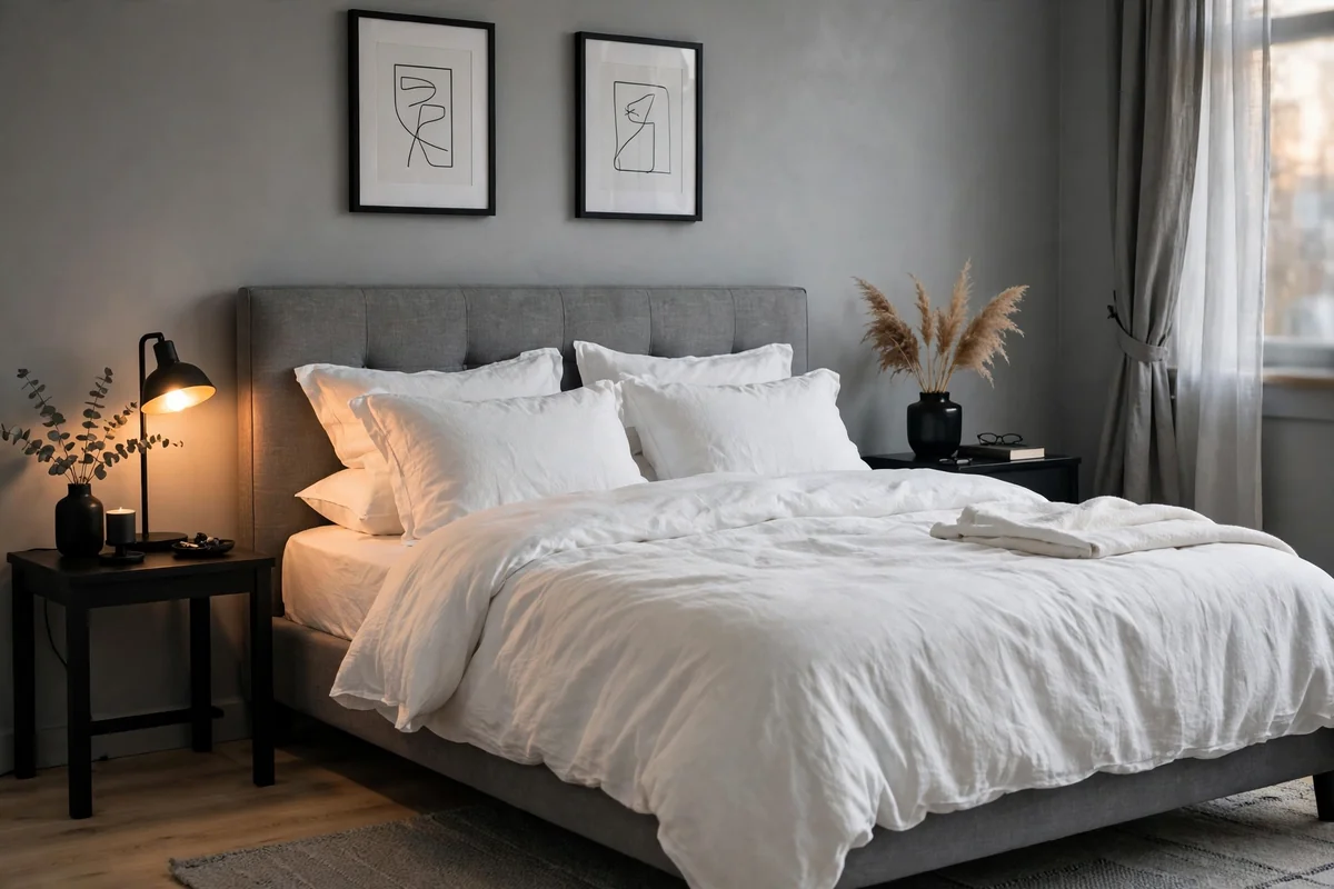 Crisp white bedding in grey bedroom